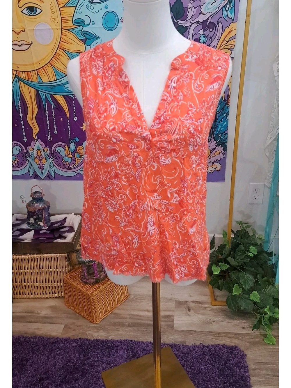 Coral Firebird Paisley Sleeveless Blouse Split Neck Boho Festival Top Medium